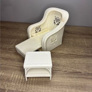 Vintage White Wicker Barbie Chair with End Table